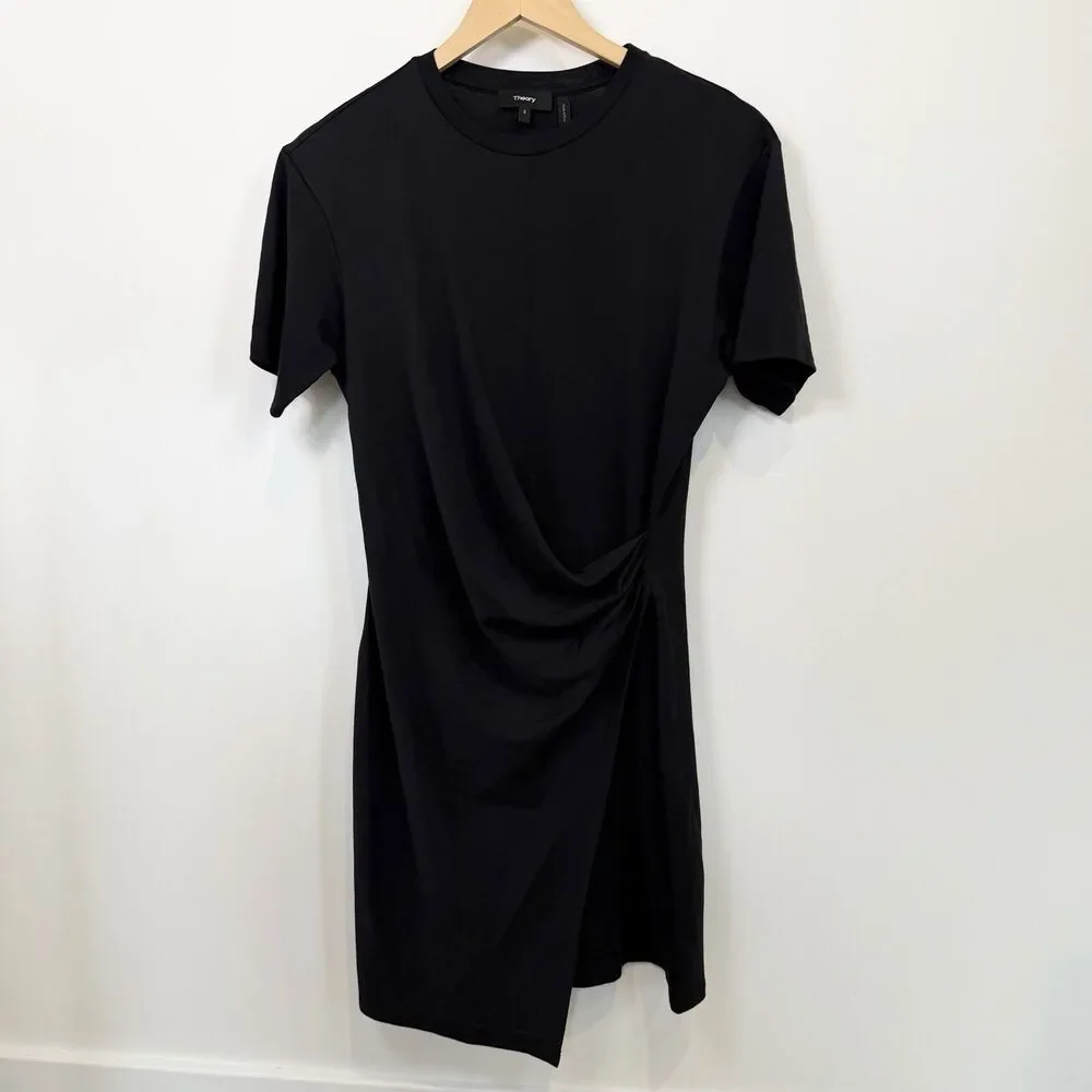 Theory Dress Women Small Black Twist Side Drape T-Shirt Cotton Jersey Ruched - Picture 1 of 8